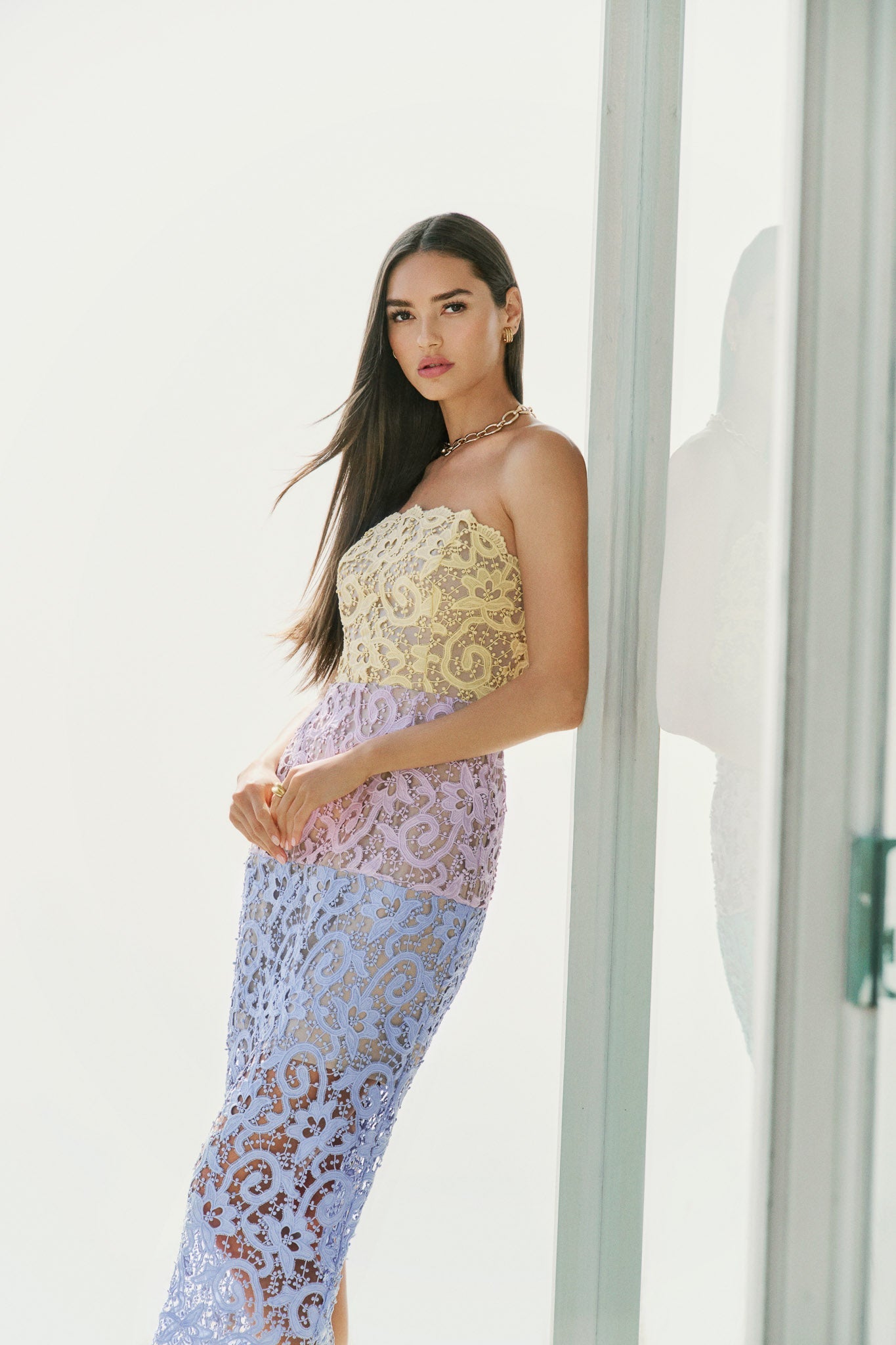 Kait Trois Color Lace Dress - Lavender/Blue/Yellow