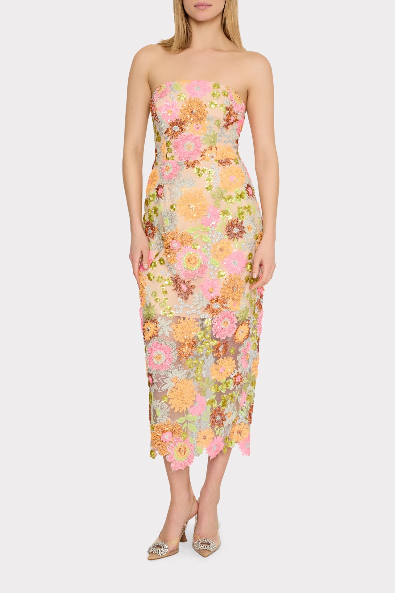Kait Floral Blossom Sequins Dress - Orange Multi