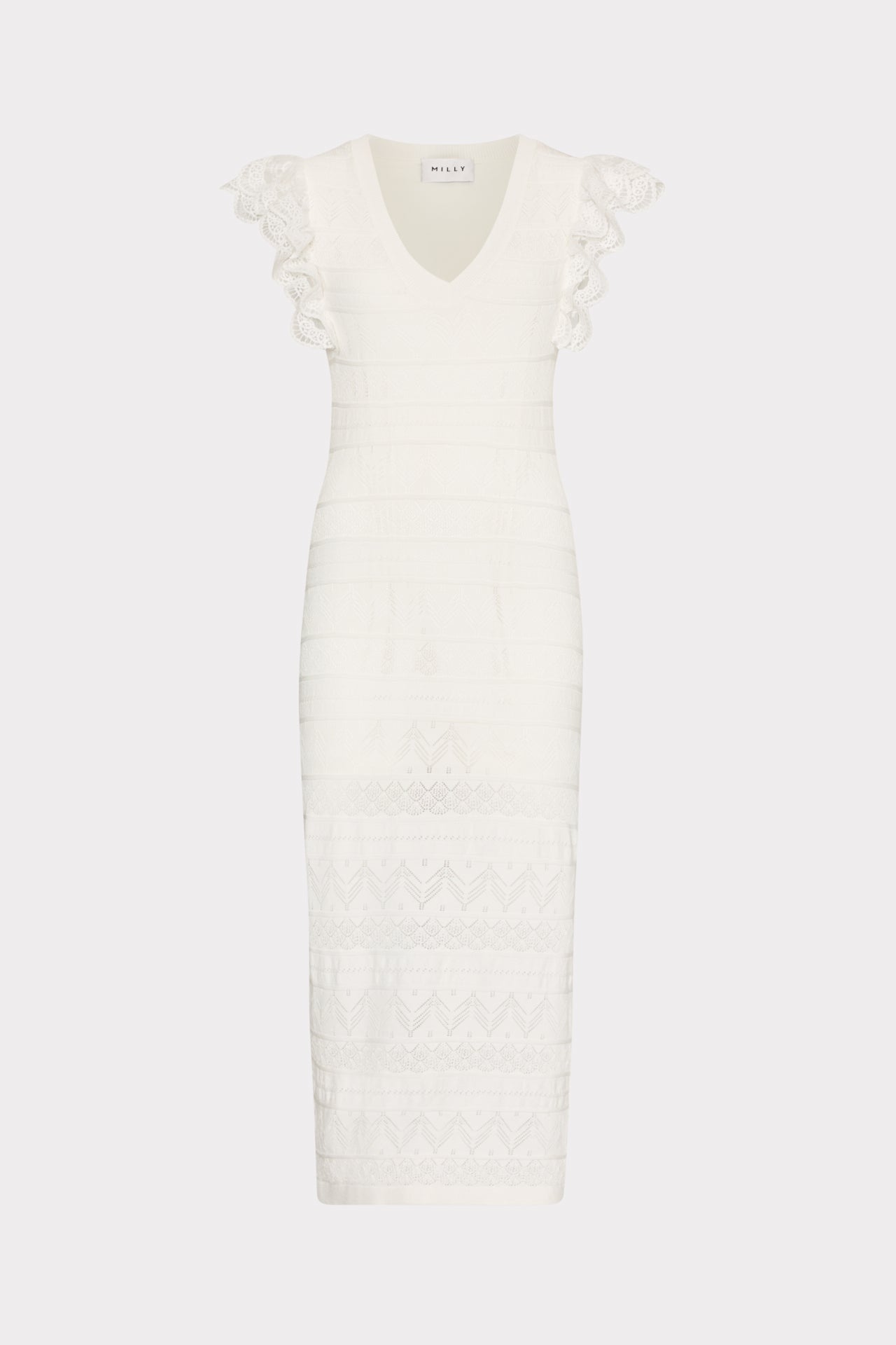 Lace Flutter Sleeve Knit Midi Dress - Ecru