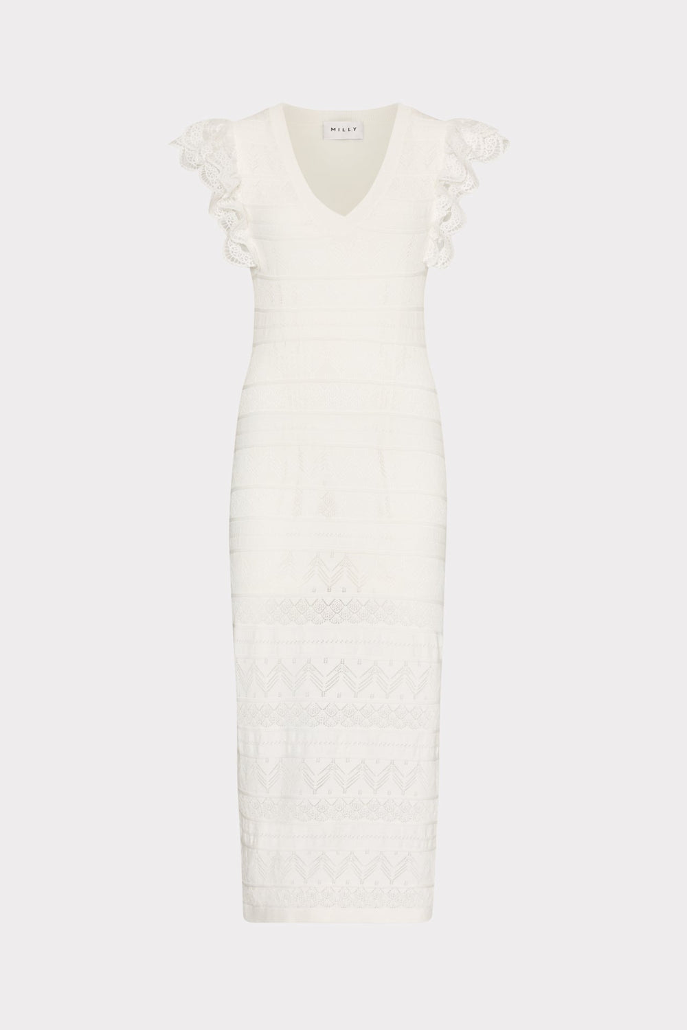 Lace Flutter Sleeve Knit Midi Dress - Ecru