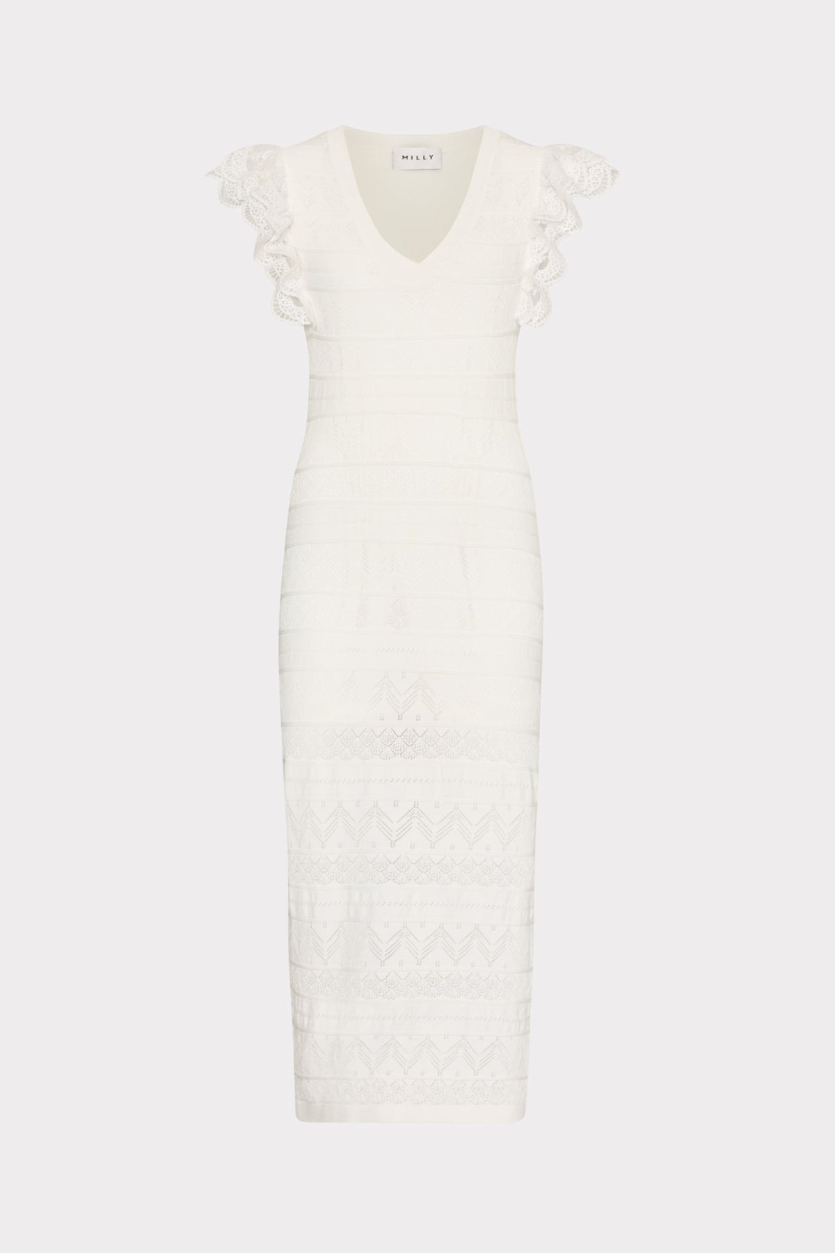 Lace Flutter Sleeve Knit Midi Dress - Ecru
