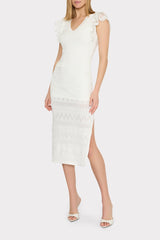 Lace Flutter Sleeve Knit Midi Dress - Ecru