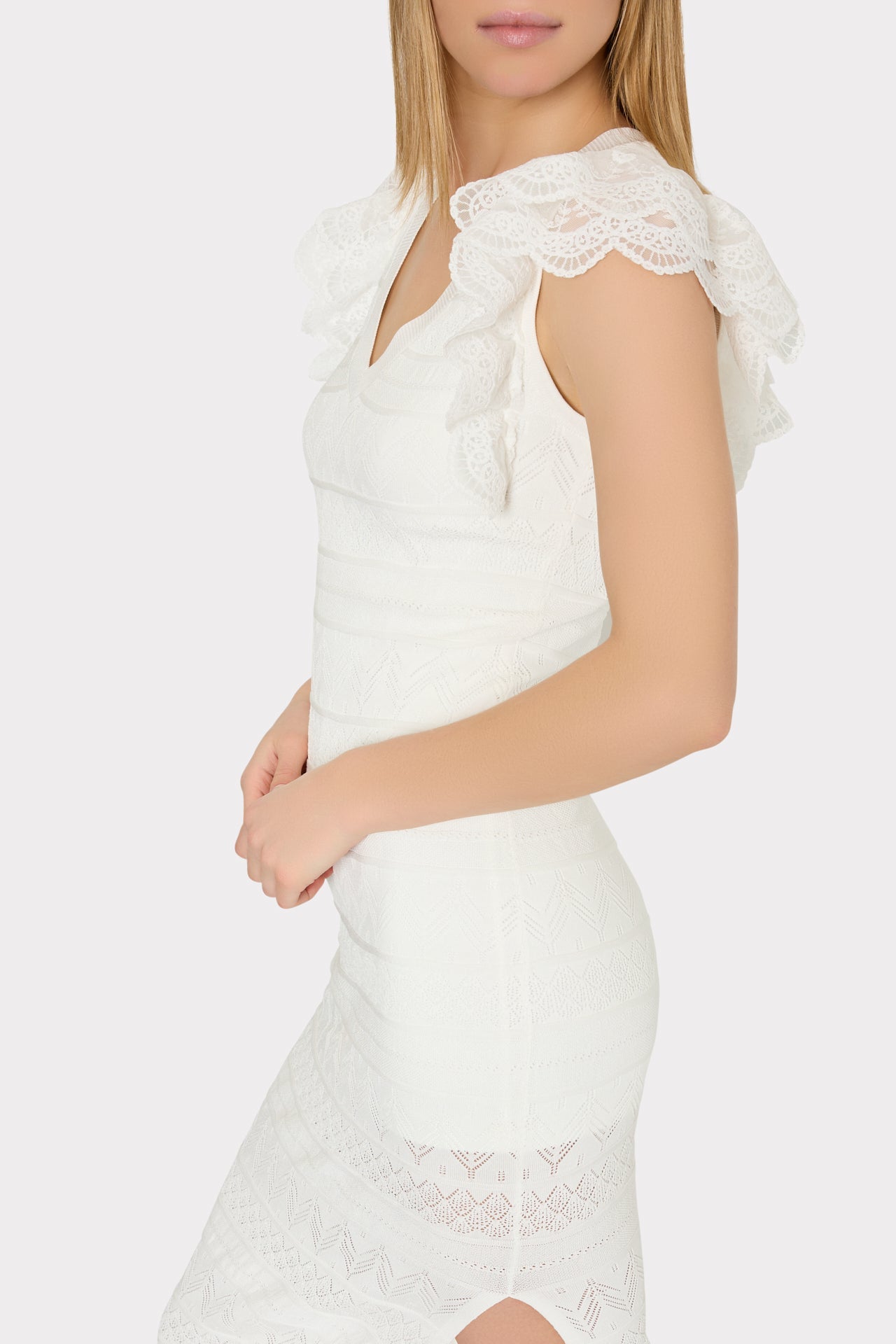 Lace Flutter Sleeve Knit Midi Dress - Ecru