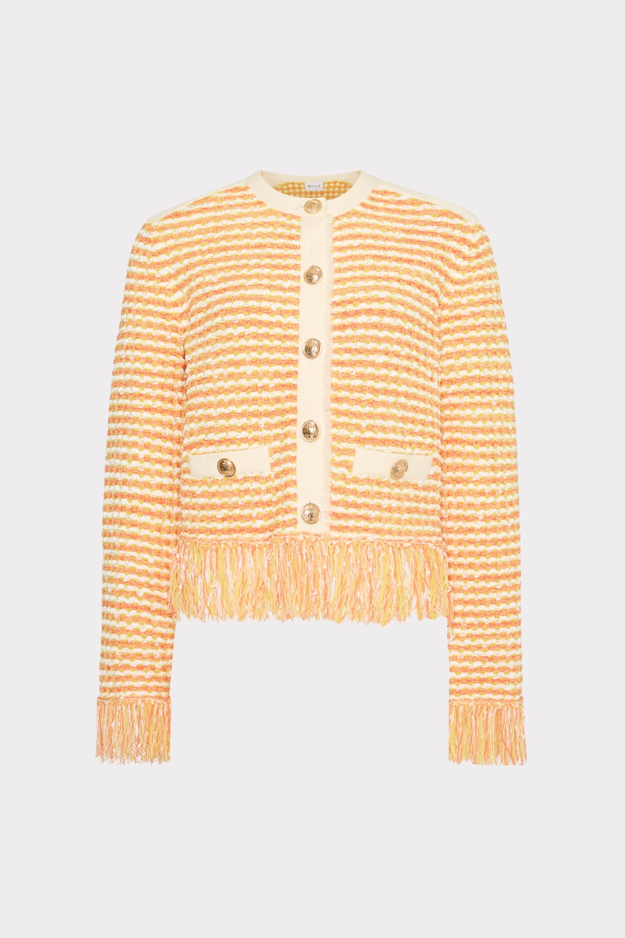 Textured Fringe Trim Cardigan - Orange Yellow Multi
