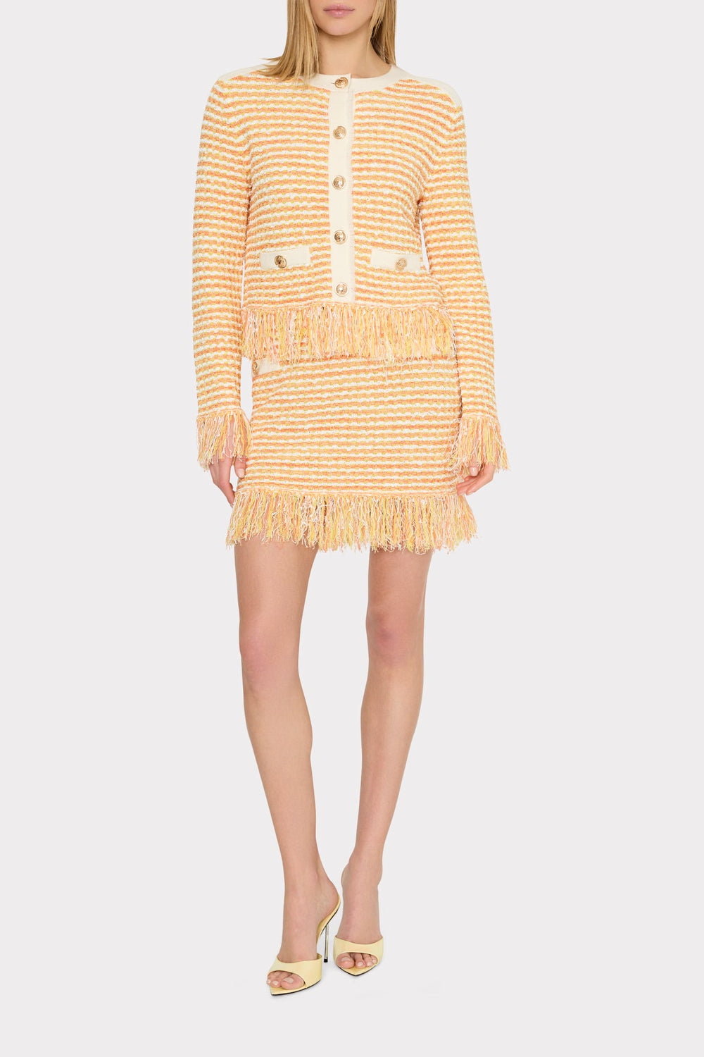 Textured Fringe Trim Cardigan - Orange Yellow Multi