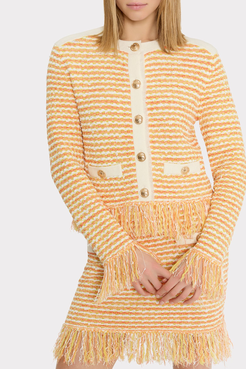 Textured Fringe Trim Cardigan - Orange Yellow Multi