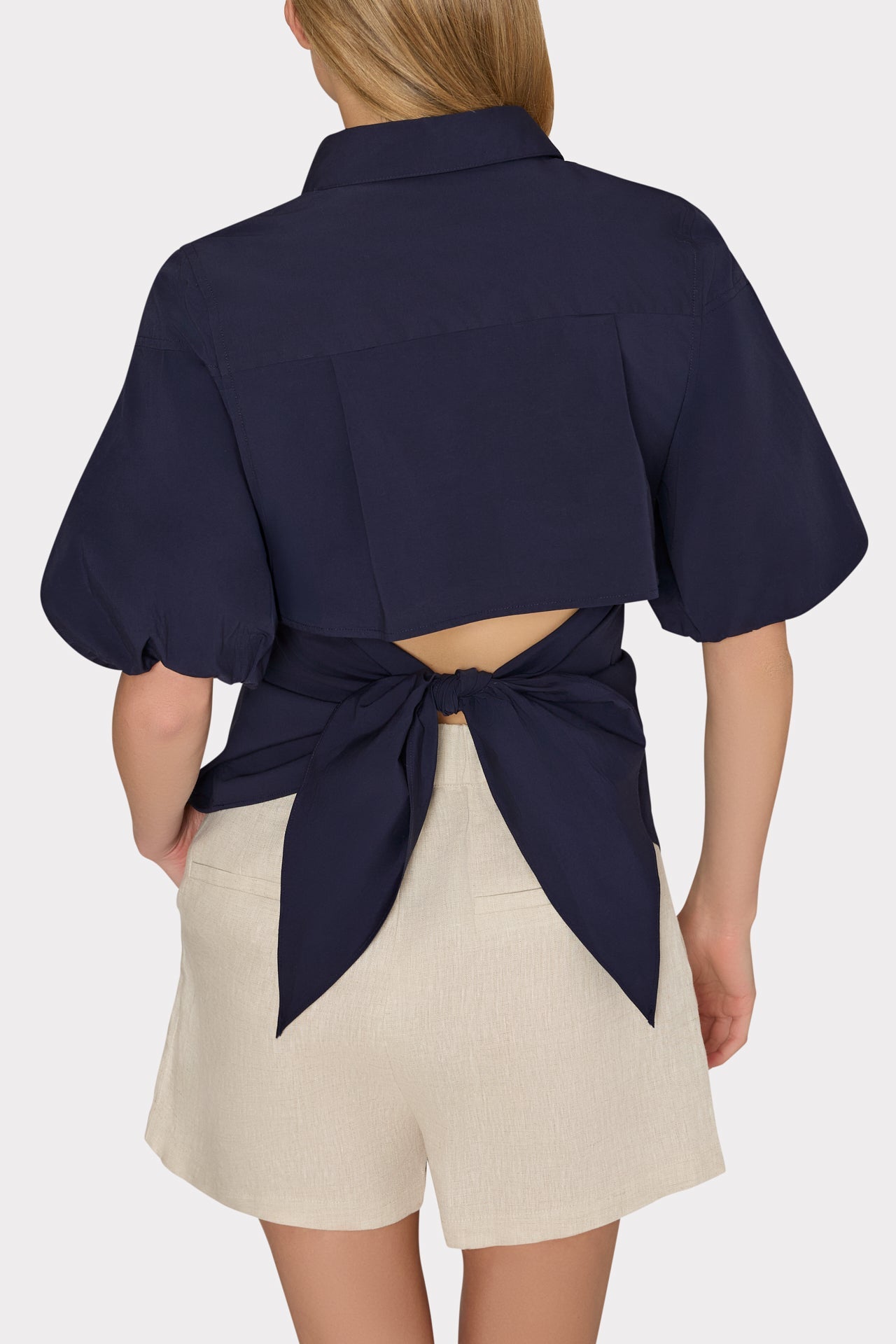 Tie Back Poplin Button Down Shirt - Navy