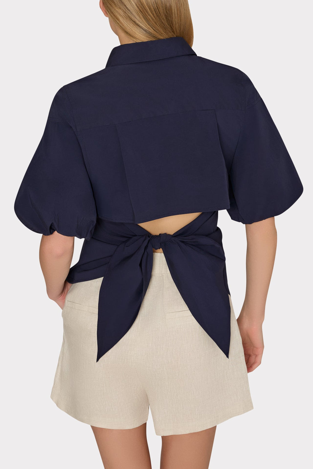 Tie Back Poplin Button Down Shirt - Navy