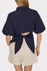 Tie Back Poplin Button Down Shirt - Navy