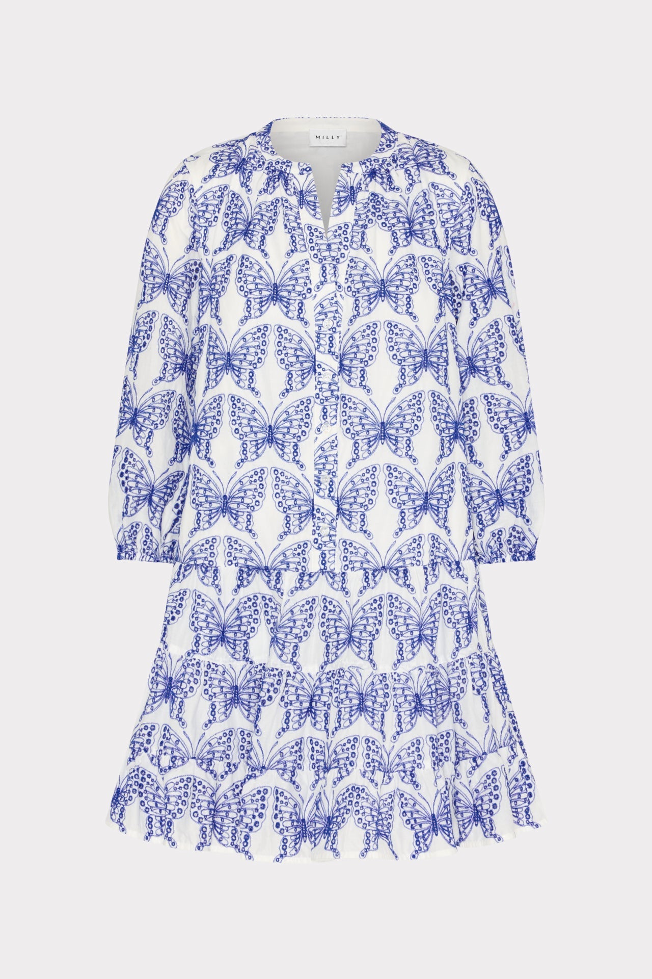 Tiered Butterfly Eyelet Mini Dress - White/Blue