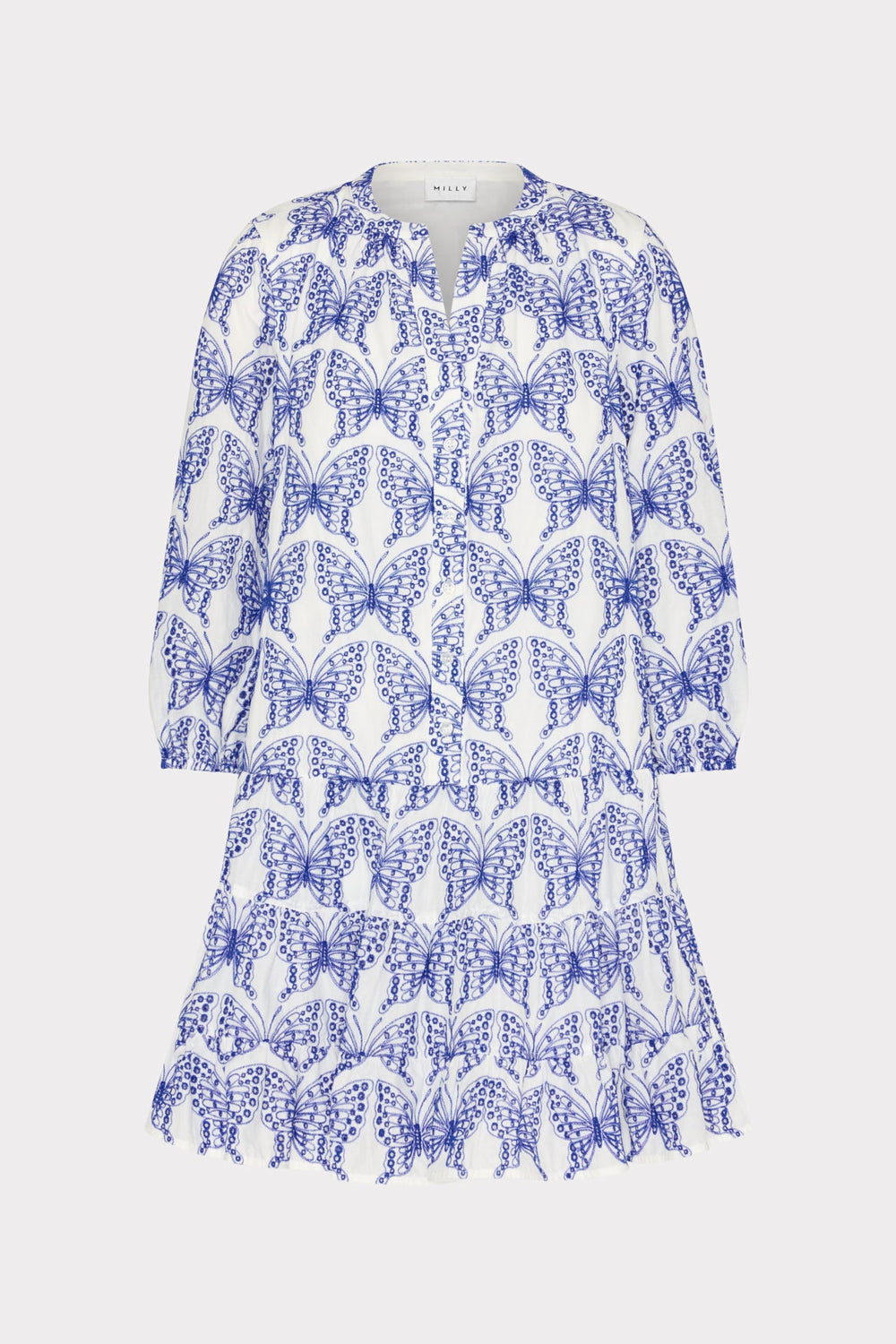 Tiered Butterfly Eyelet Mini Dress - White/Blue