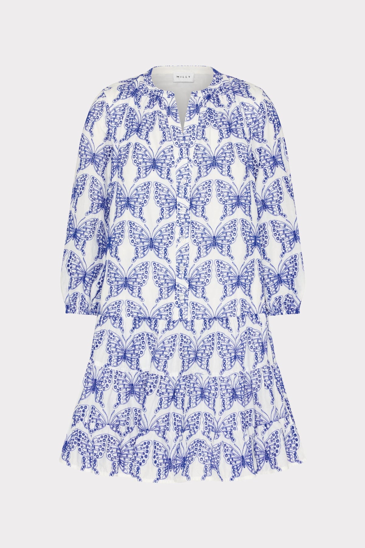 Tiered Butterfly Eyelet Mini Dress - White/Blue