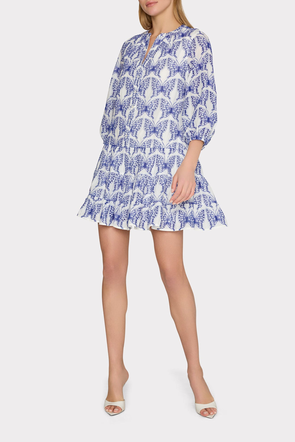 Tiered Butterfly Eyelet Mini Dress - White/Blue
