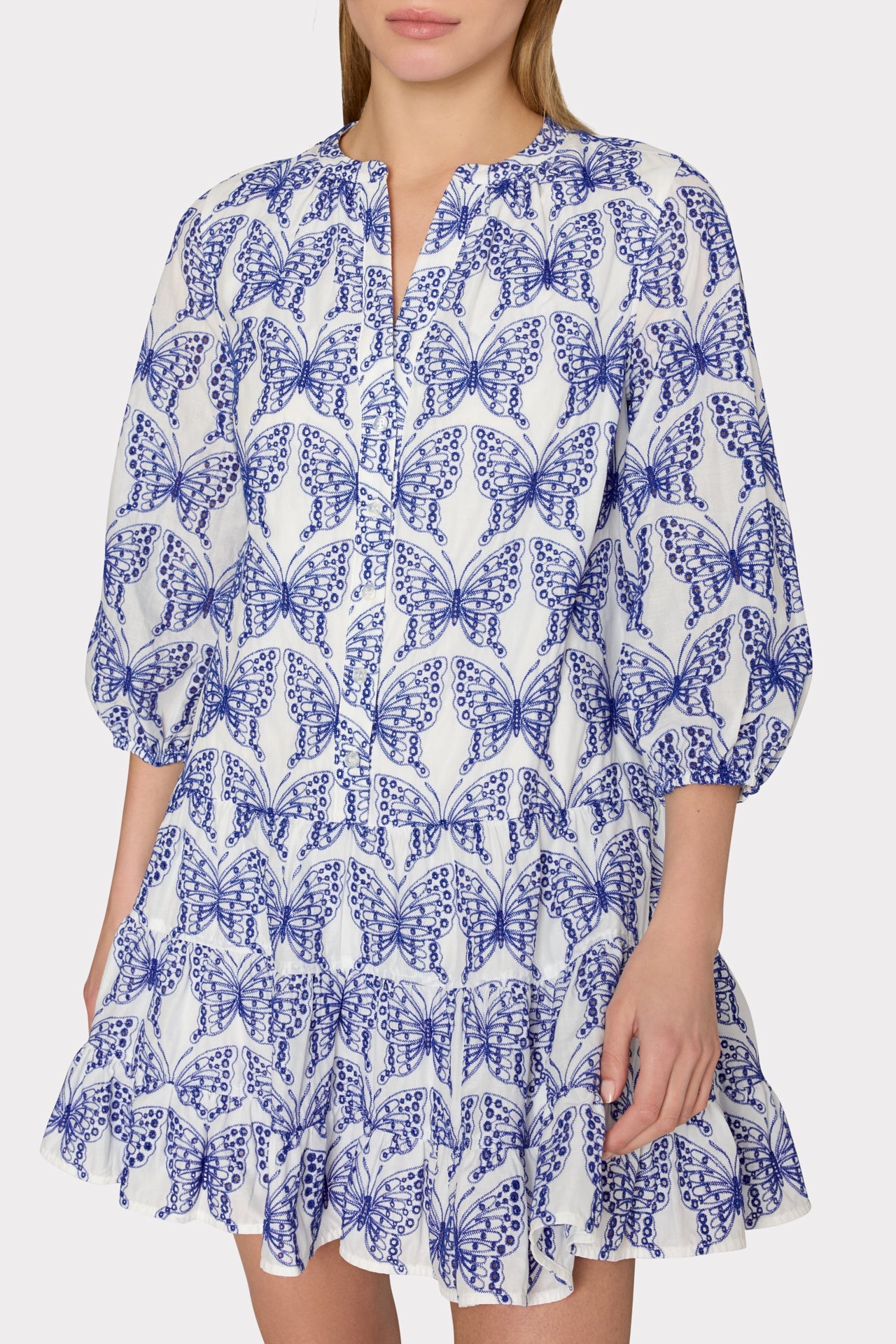 Tiered Butterfly Eyelet Mini Dress - White/Blue