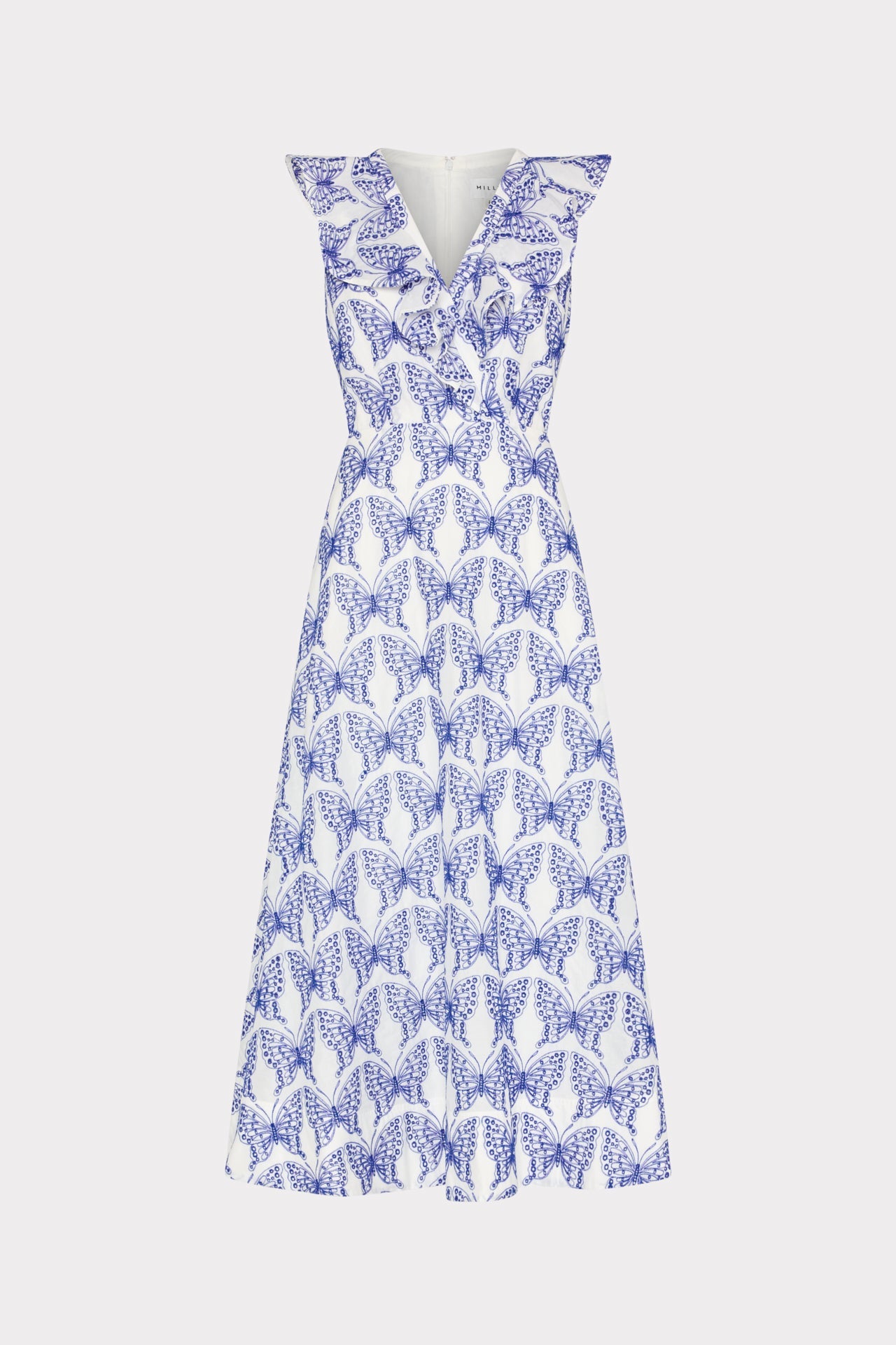 Butterfly Eyelet Ruffle Midi Dress - White/Blue