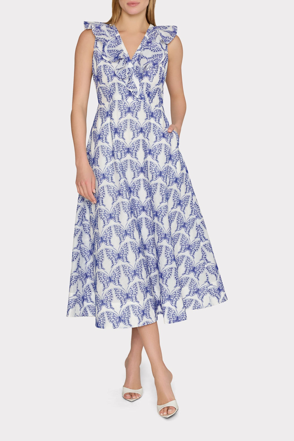 Butterfly Eyelet Ruffle Midi Dress - White/Blue