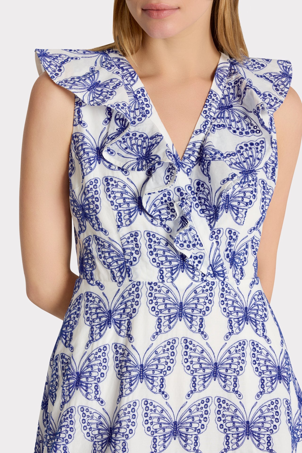 Butterfly Eyelet Ruffle Midi Dress - White/Blue