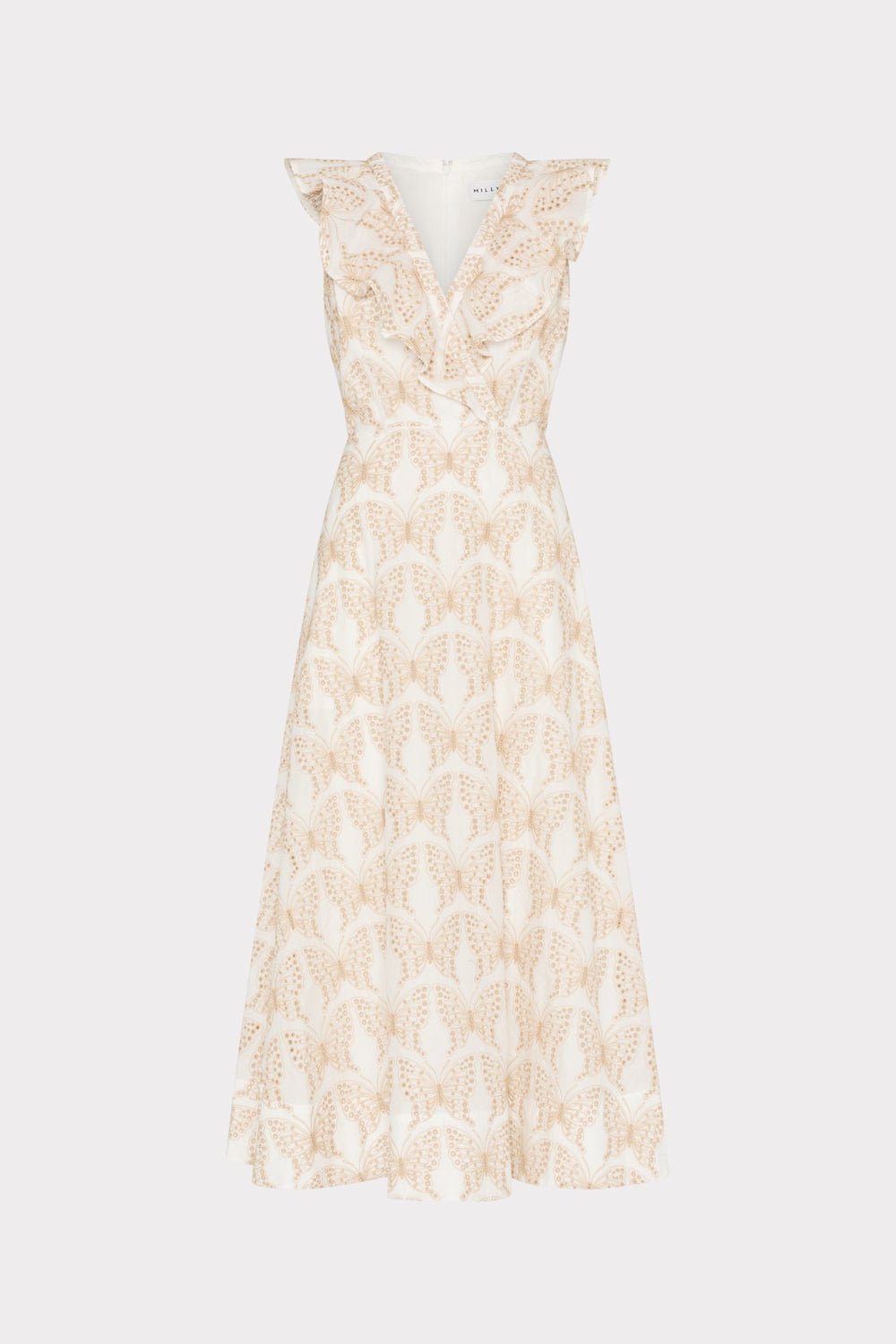 Butterfly Eyelet Ruffle Midi Dress - White/Tan