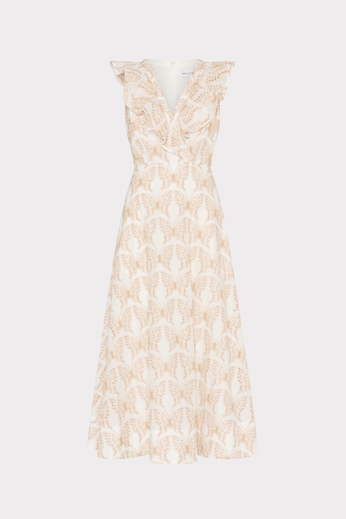 Butterfly Eyelet Ruffle Midi Dress - White/Tan