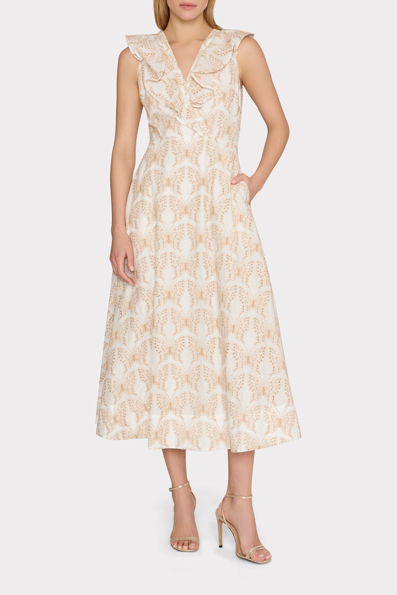 Butterfly Eyelet Ruffle Midi Dress - White/Tan