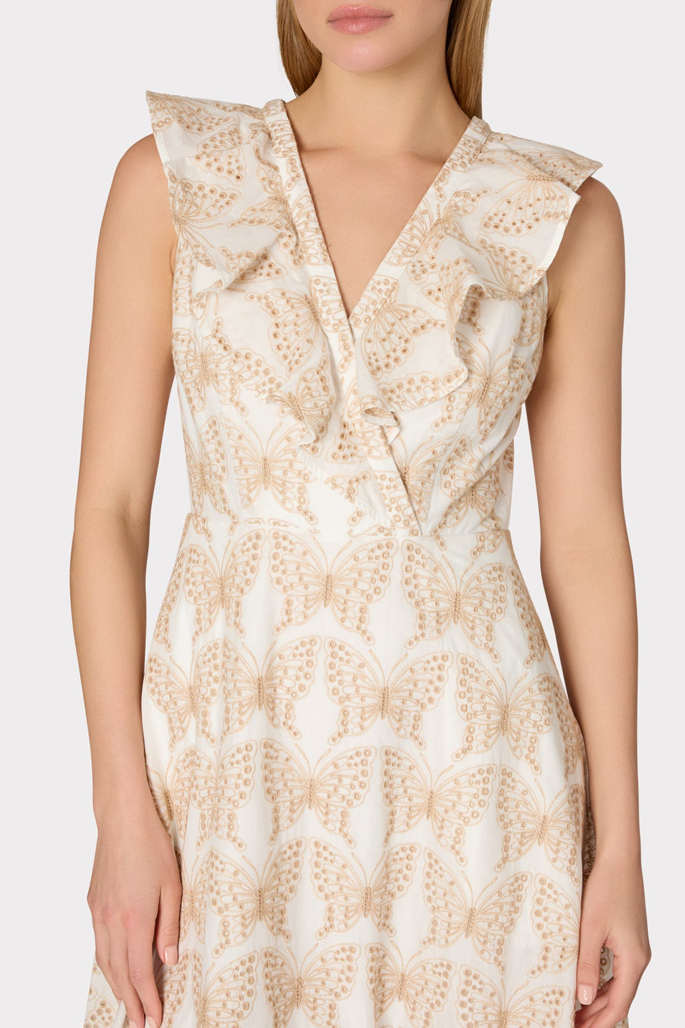 Butterfly Eyelet Ruffle Midi Dress - White/Tan