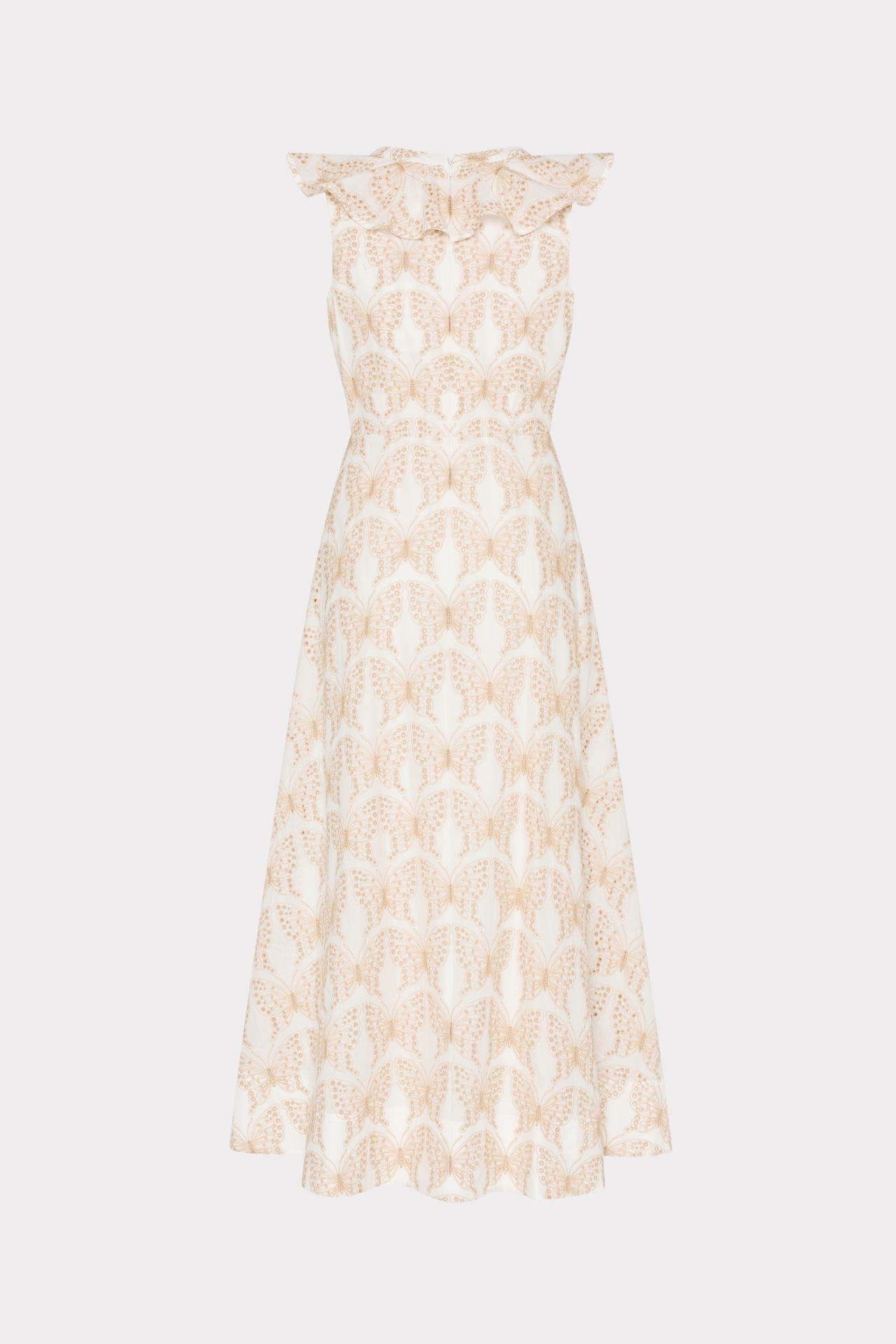 Butterfly Eyelet Ruffle Midi Dress - White/Tan