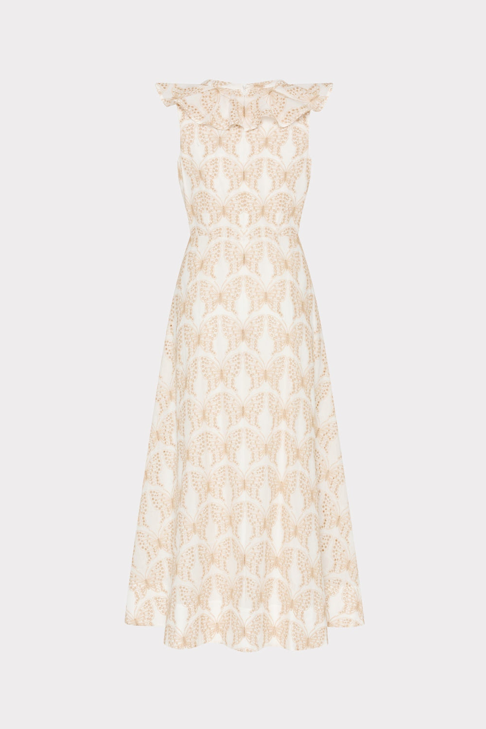 Butterfly Eyelet Ruffle Midi Dress - White/Tan
