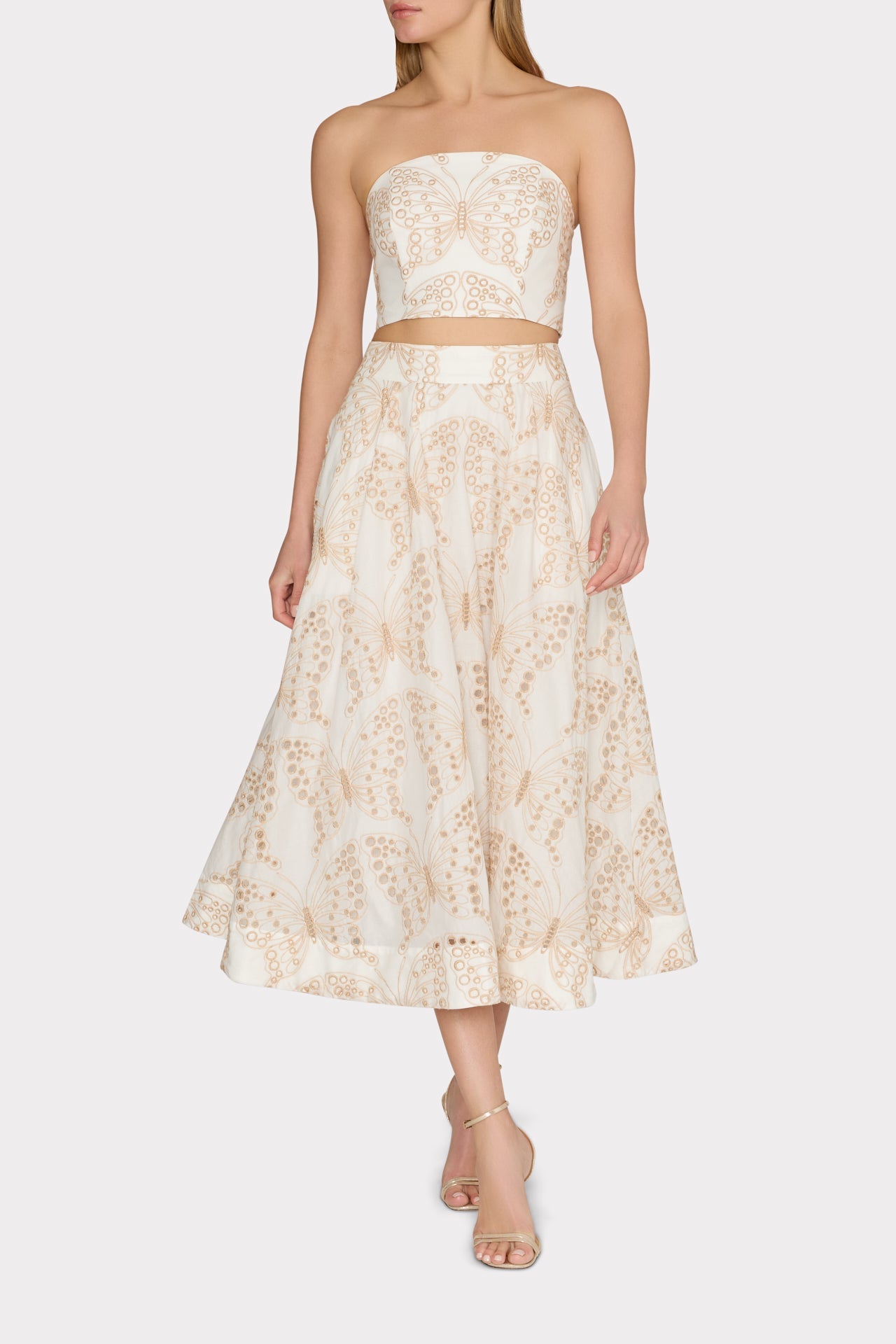 Butterfly Eyelet Strapless Crop Top - White/Tan