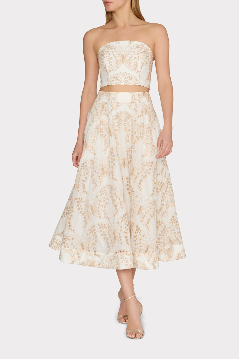 Butterfly Eyelet Strapless Crop Top - White/Tan