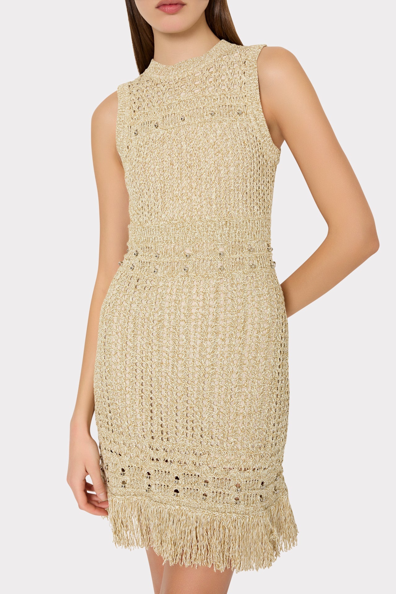 Beaded Fringe Knit Mini Dress - Beige Multi