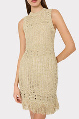Beaded Fringe Knit Mini Dress - Beige Multi