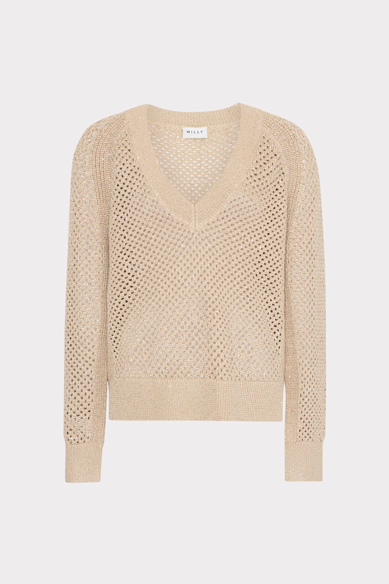 Sequin Mesh V-Neck Sweater - Beige