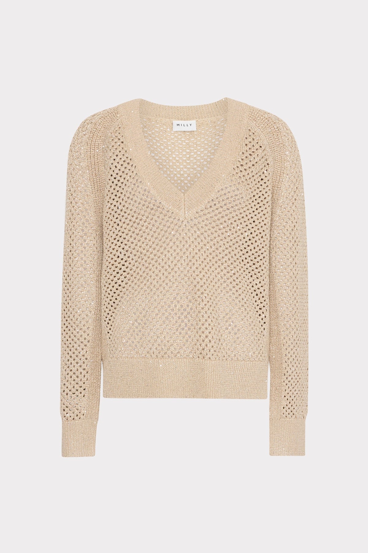 Sequin Mesh V-Neck Sweater - Beige