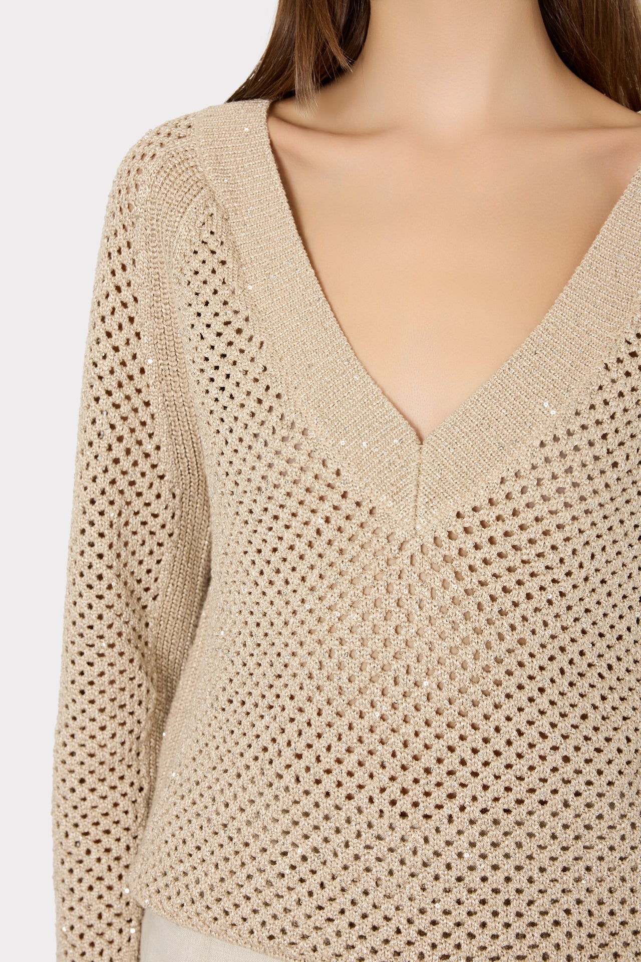 Sequin Mesh V-Neck Sweater - Beige