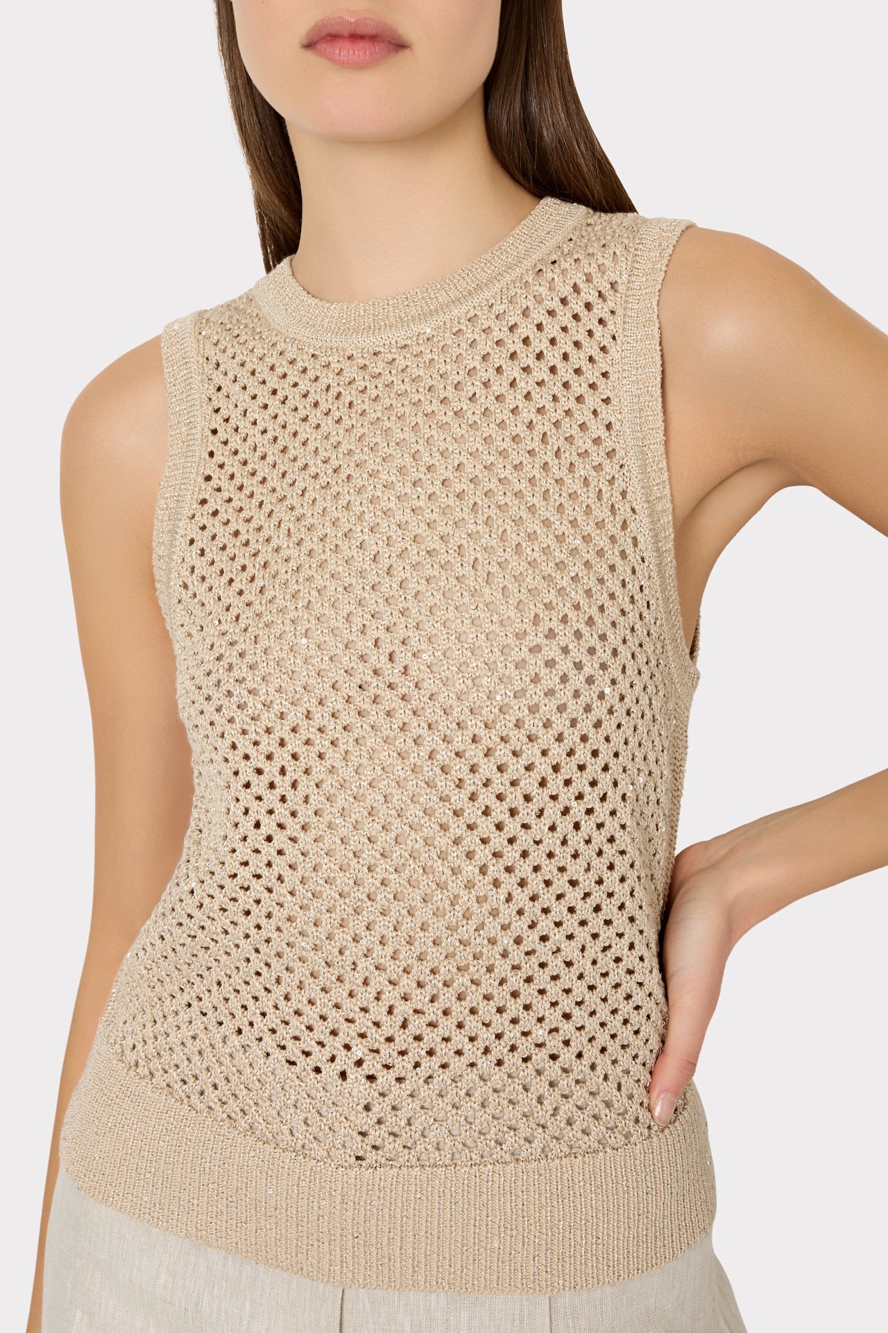 Sequin Mesh Shell Sweater - Beige