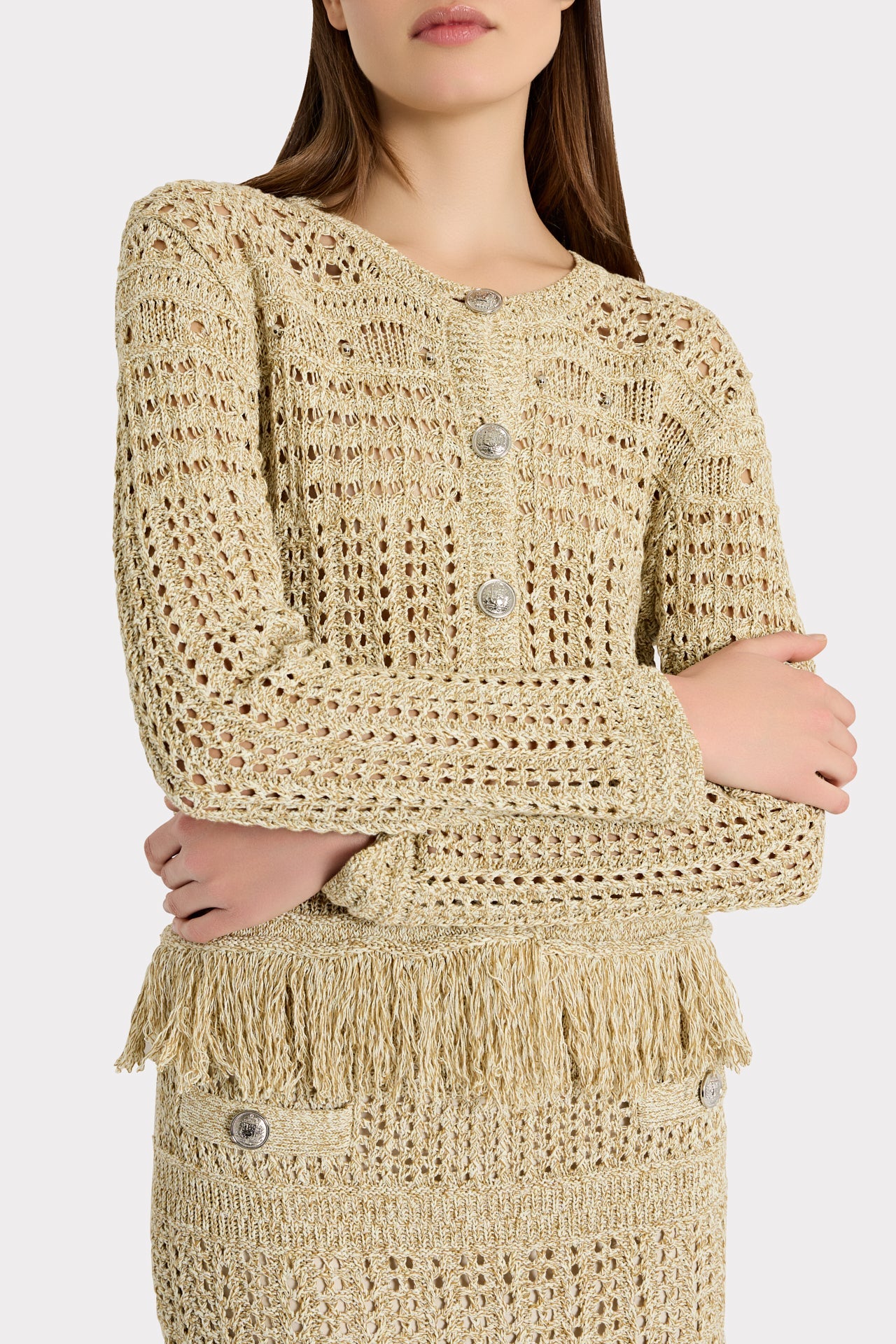 Beaded Fringe Knit Cardigan - Beige Multi