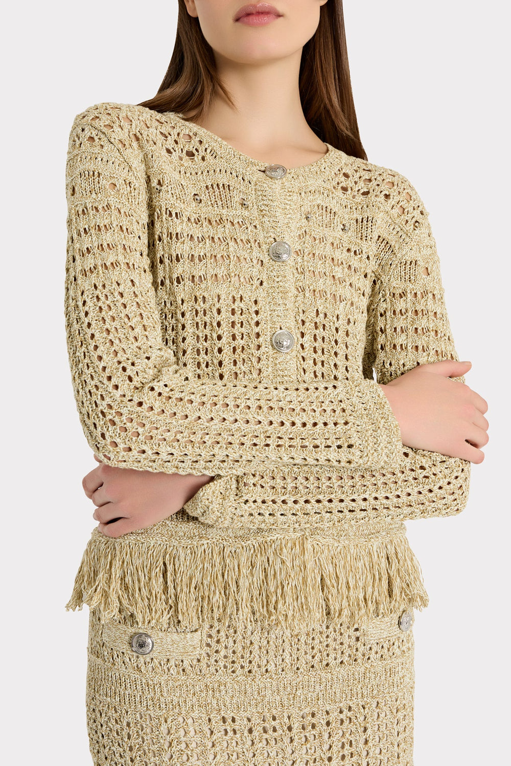 Beaded Fringe Knit Cardigan - Beige Multi