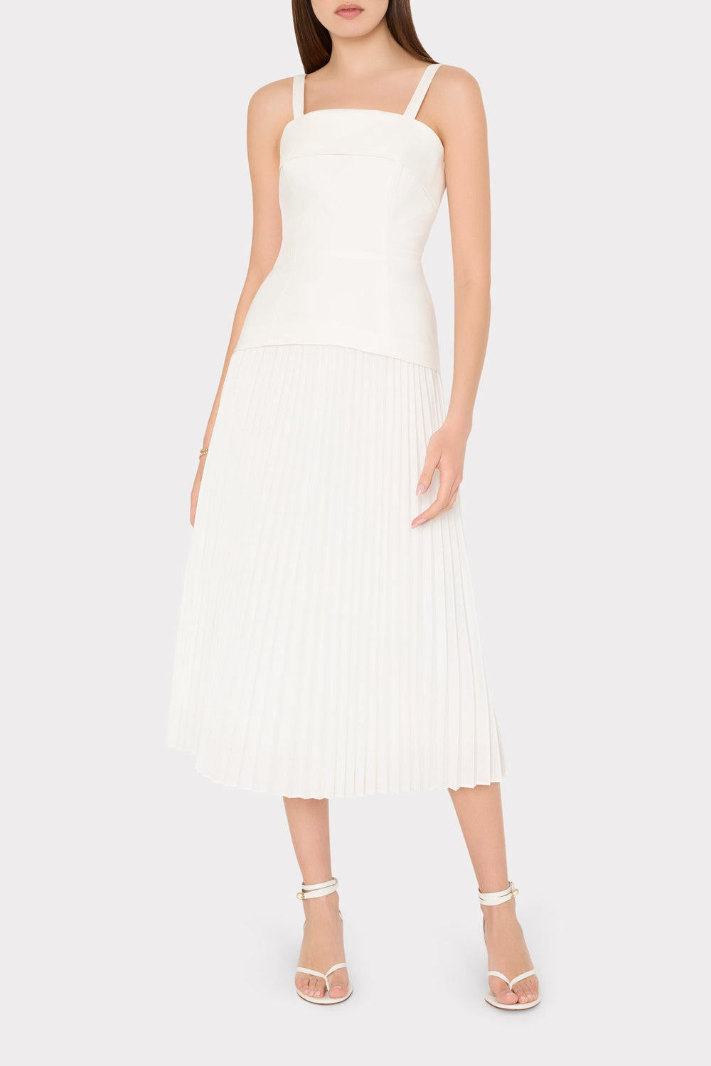 Nala Poplin Pleated Combo Midi Dress - White