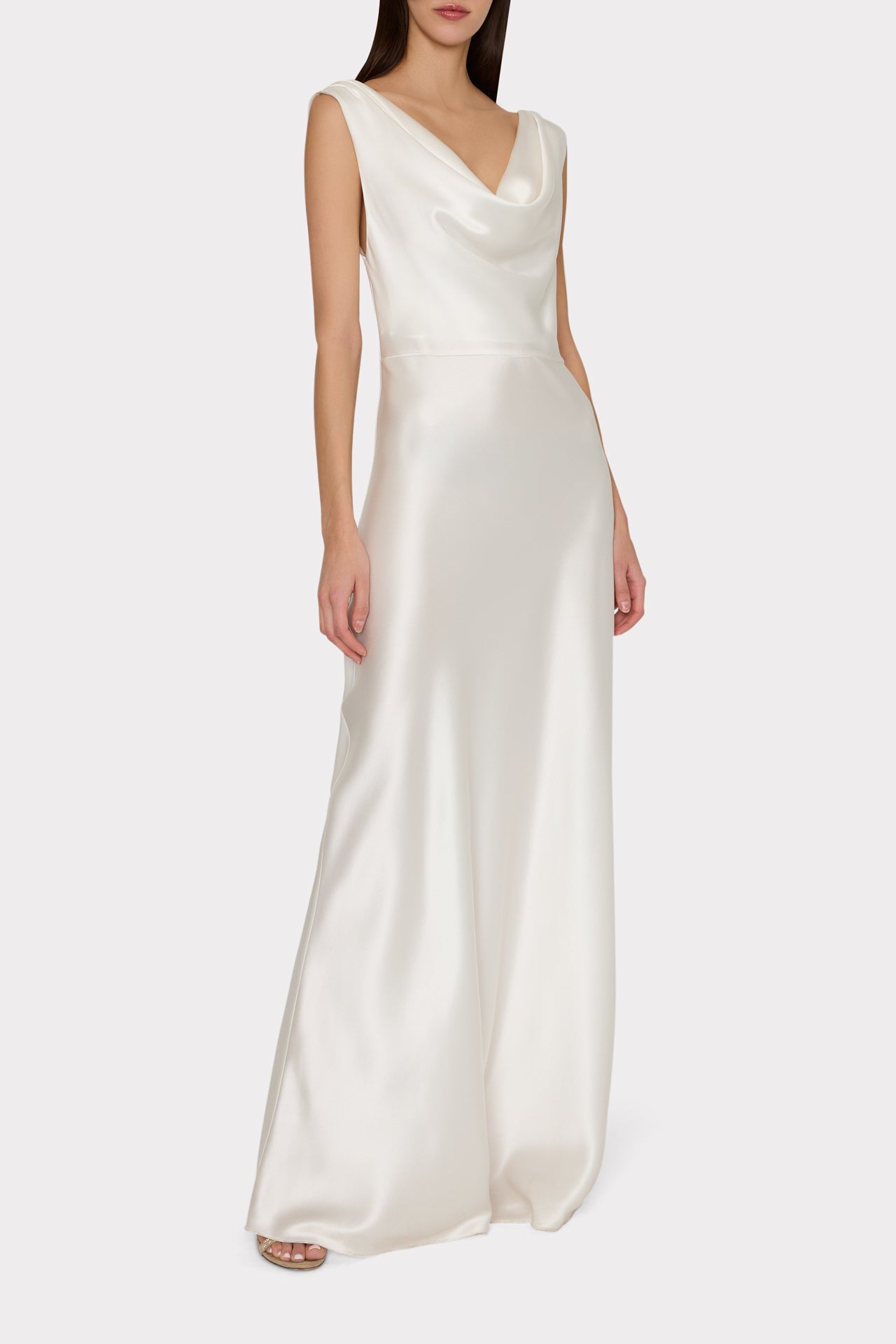 Hammered Satin Cowl Neck Gown - White