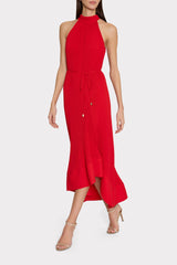 Nalani Halted Pleated Midi Dress - Red