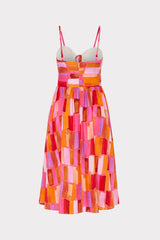 Natasha Sunset Tile Poplin Bow Midi Dress - Pink Multi