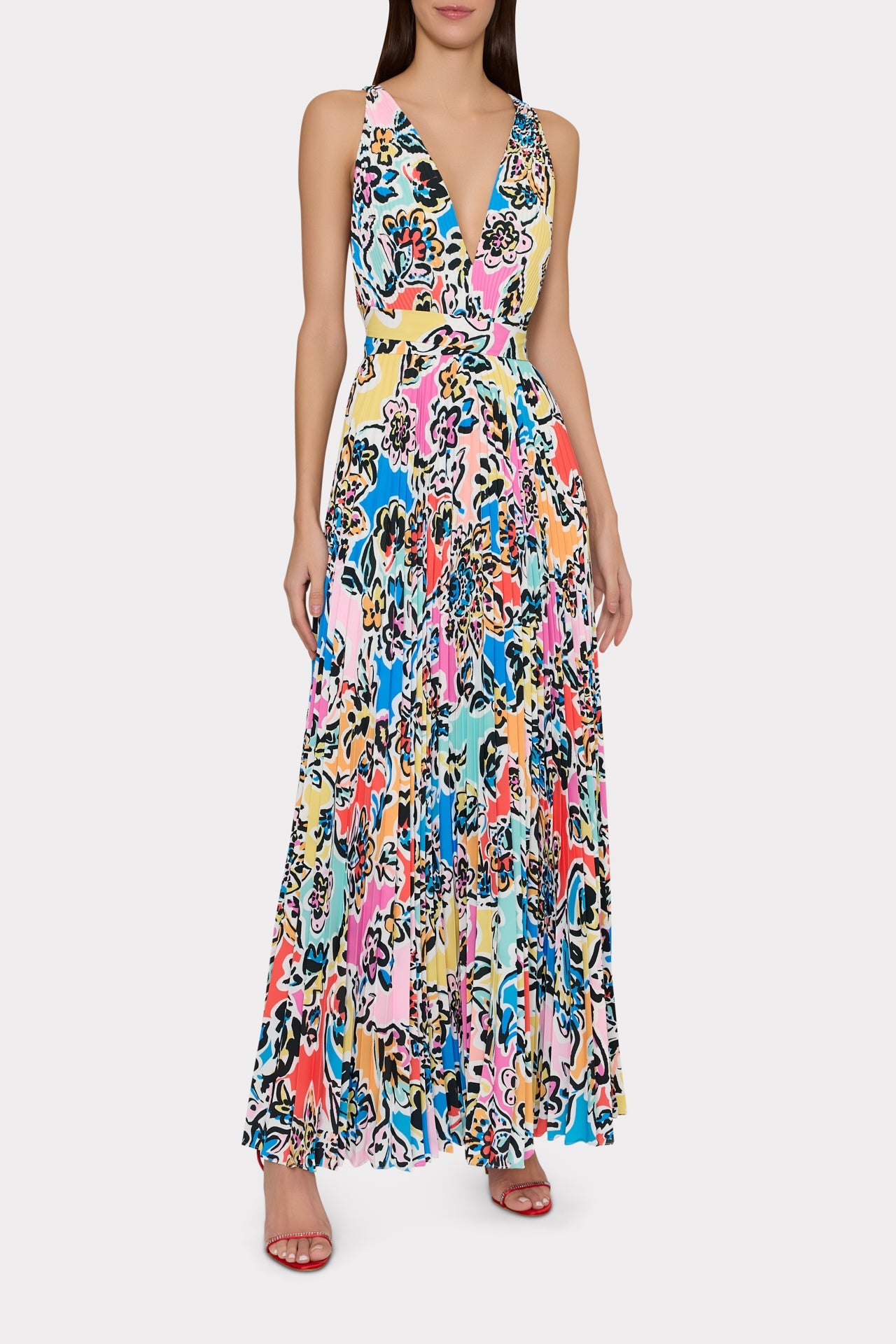 Oria Rainbow Oasis Pleated Dress - Black Multi