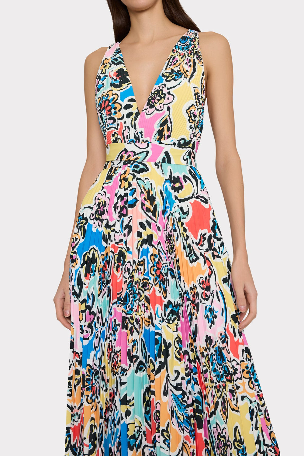 Oria Rainbow Oasis Pleated Dress - Black Multi