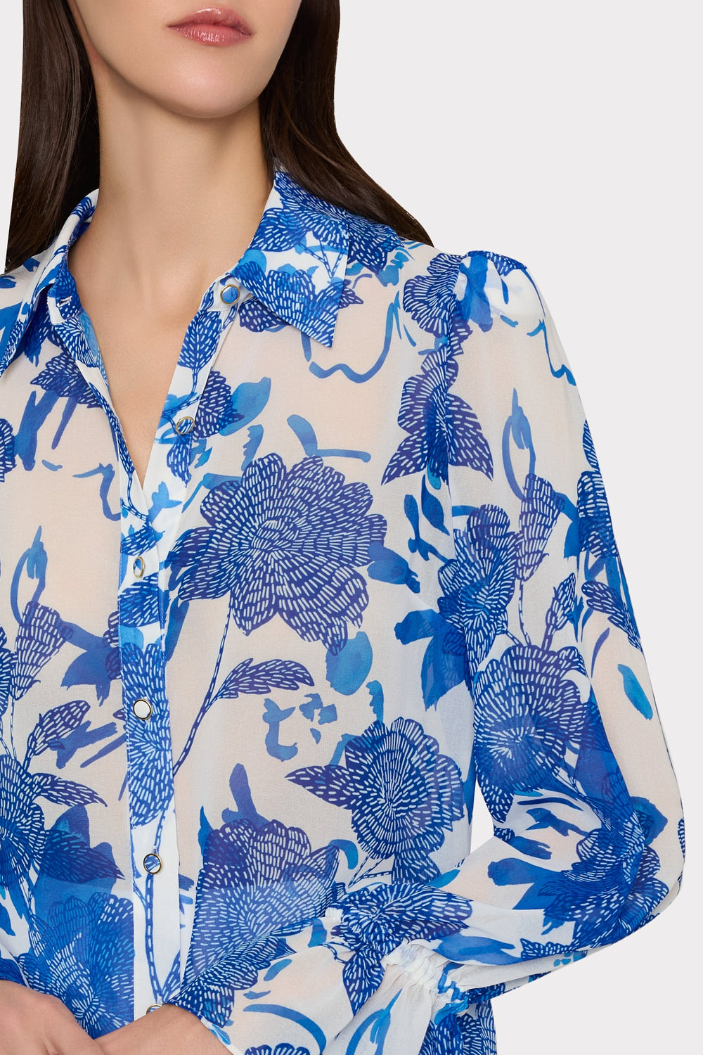 Lacey Brushwork Floral Blouse - Blue Multi