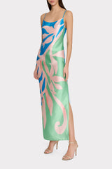 Lily Floral Vine Satin Slip Dress - Blue/Green