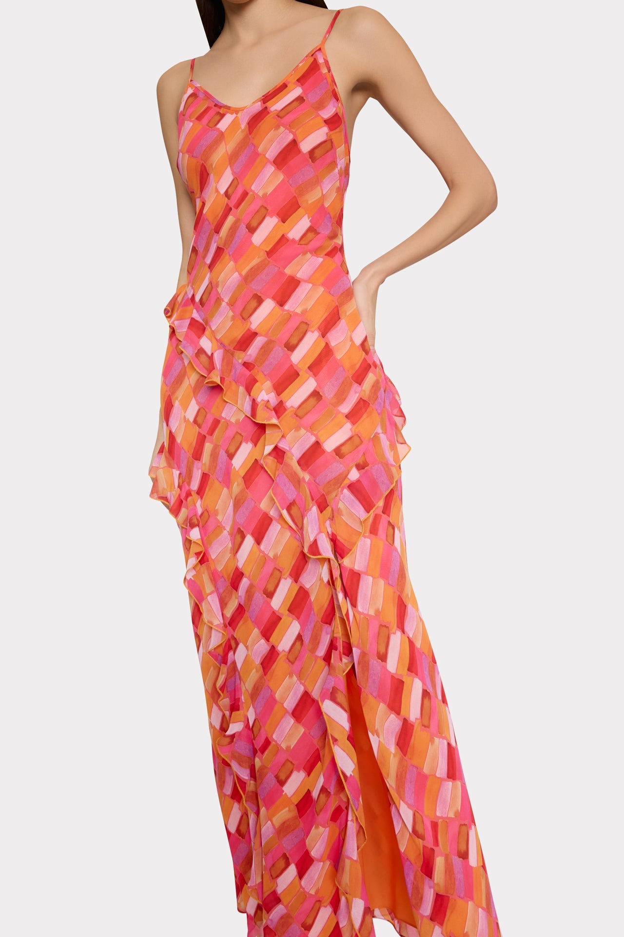 Sunset Tile Ruffle Maxi Dress - Pink Multi