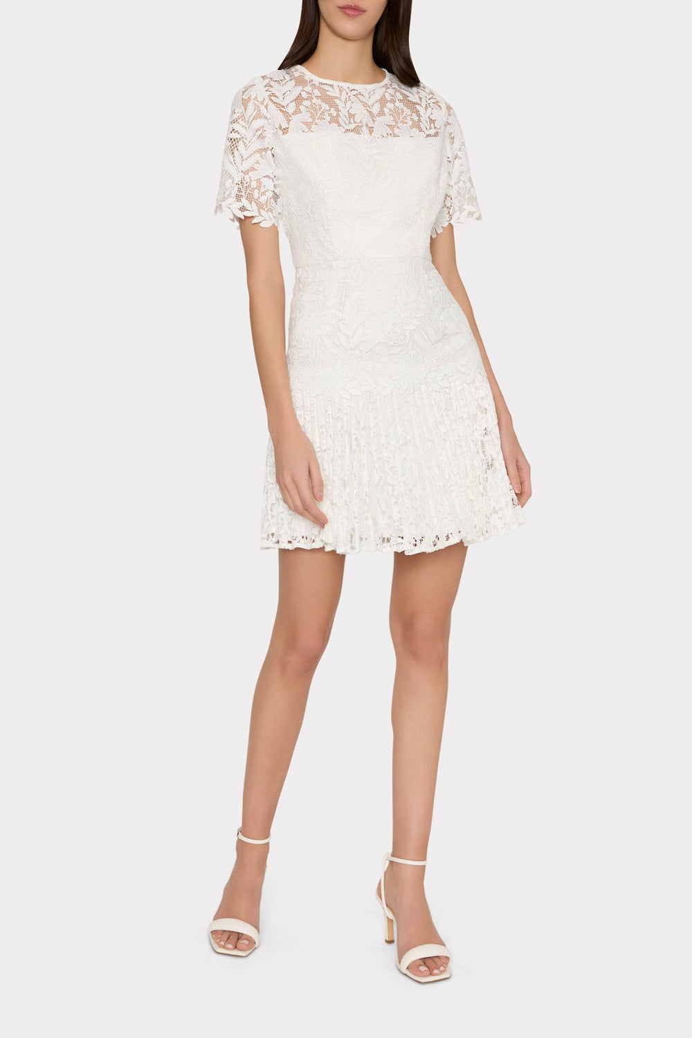 Nikoletta Mixed Laces Pleated Mini Dress - White