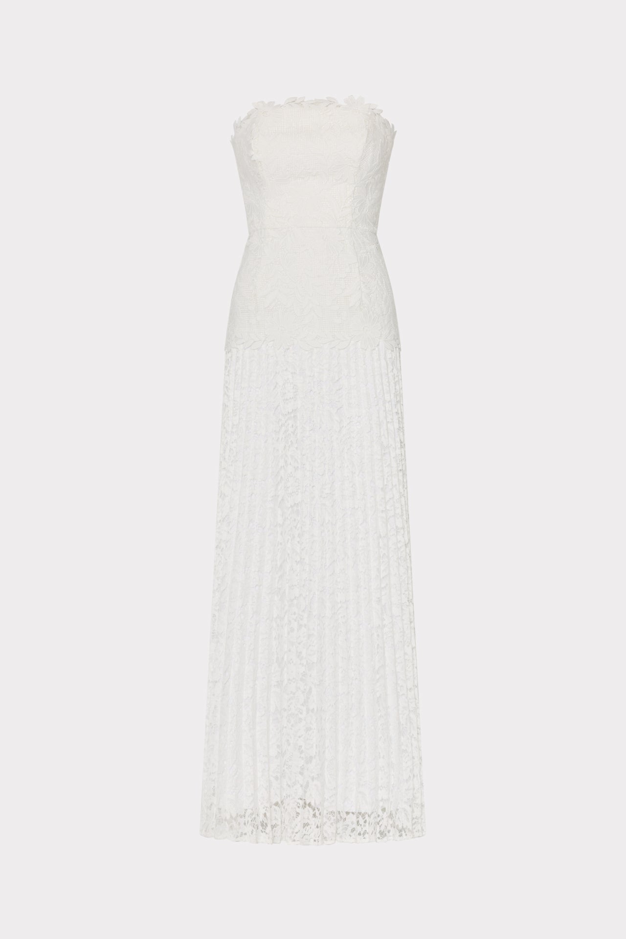 Norelle Strapless Mixed Laces Pleated Maxi Dress - White