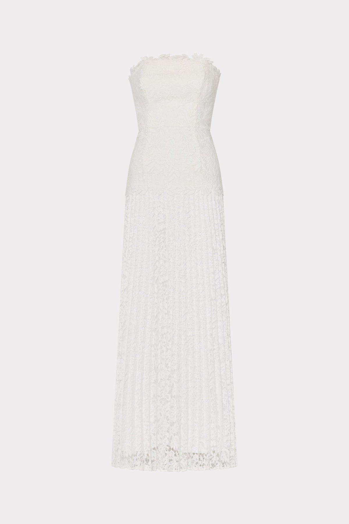 Norelle Strapless Mixed Laces Pleated Maxi Dress - White