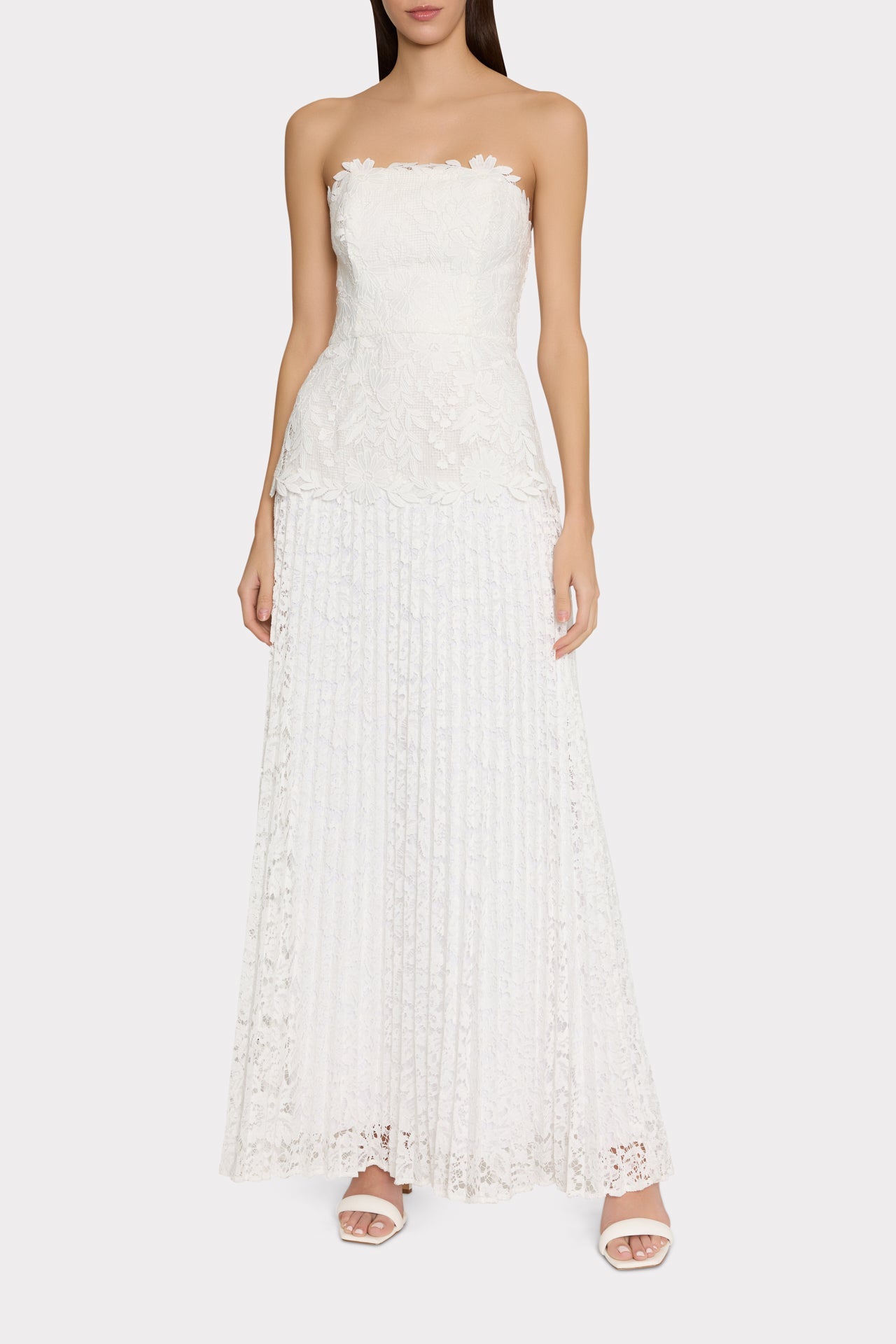 Norelle Strapless Mixed Laces Pleated Maxi Dress - White